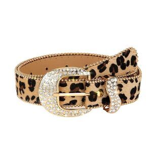 9613 Women Leopard Print Belt Cowgirls Leather With Rhinestone Buckle